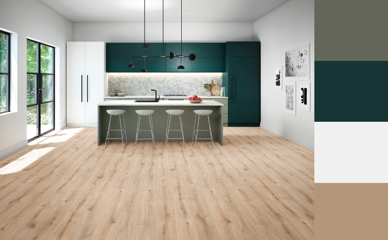wood look laminate flooring in kitchen with cohesive colour palettte